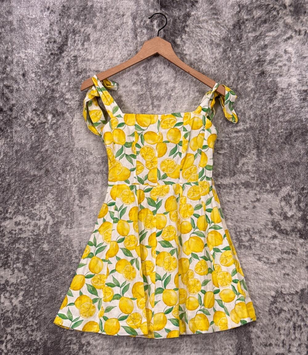 New Zara Dress XS Womens Yellow Linen Lemon Print Tie Strap Mini